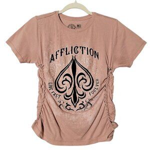 Affliction Womens Alchemy Foiled Velvet Graphic Spellout Braided Sides Shirt Med